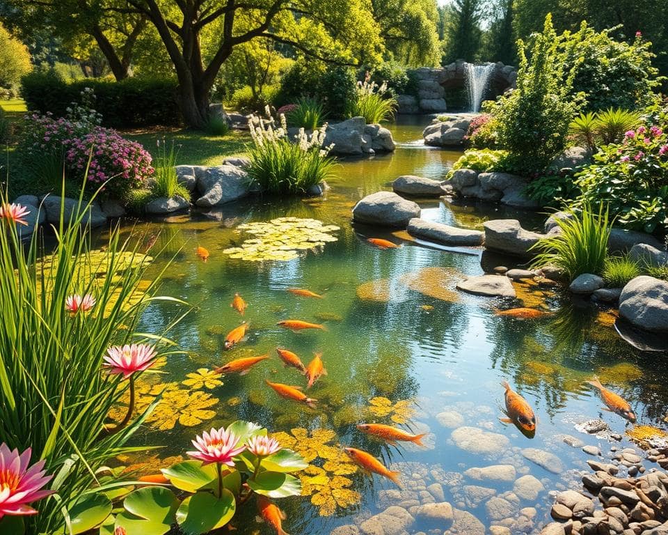 A beautifully designed natural pond ecosystem showcasing distinct teichzonen (pond zones). In the foreground, vibrant aquatic plants like water lilies and reeds frame the clear water, with fish swimming gracefully. The middle section features varying depths, perhaps a shallow area for wildlife, transitioning to deeper water accented by submerged rocks and pebbles. In the background, lush greenery and flowering shrubs surround the pond, bathed in warm, dappled sunlight filtering through trees, casting gentle reflections on the surface. The overall mood is serene and inviting, capturing the essence of a thriving garden paradise. The scene should be depicted in a wide-angle perspective, emphasizing the harmony between water, plants, and the surrounding landscape, ensuring a realistic and tranquil atmosphere.