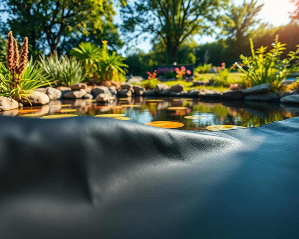 A lush, serene garden featuring a beautifully crafted natural pond lined with EPDM pond liner. In the foreground, detailed close-ups of the smooth, dark rubber texture of the EPDM, showcasing its durability and flexibility. The middle ground displays the pond with crystal-clear water reflecting the sky, surrounded by vibrant aquatic plants and stones for a natural feel. In the background, a sun-drenched garden with green foliage and trees, illuminated by gentle, warm lighting to create a tranquil atmosphere. The angle captures a sense of depth, highlighting the contrast between the artificial liner and the natural beauty of the surrounding garden. Aim for a peaceful, idyllic mood that emphasizes harmony between the constructed pond and the natural environment.
