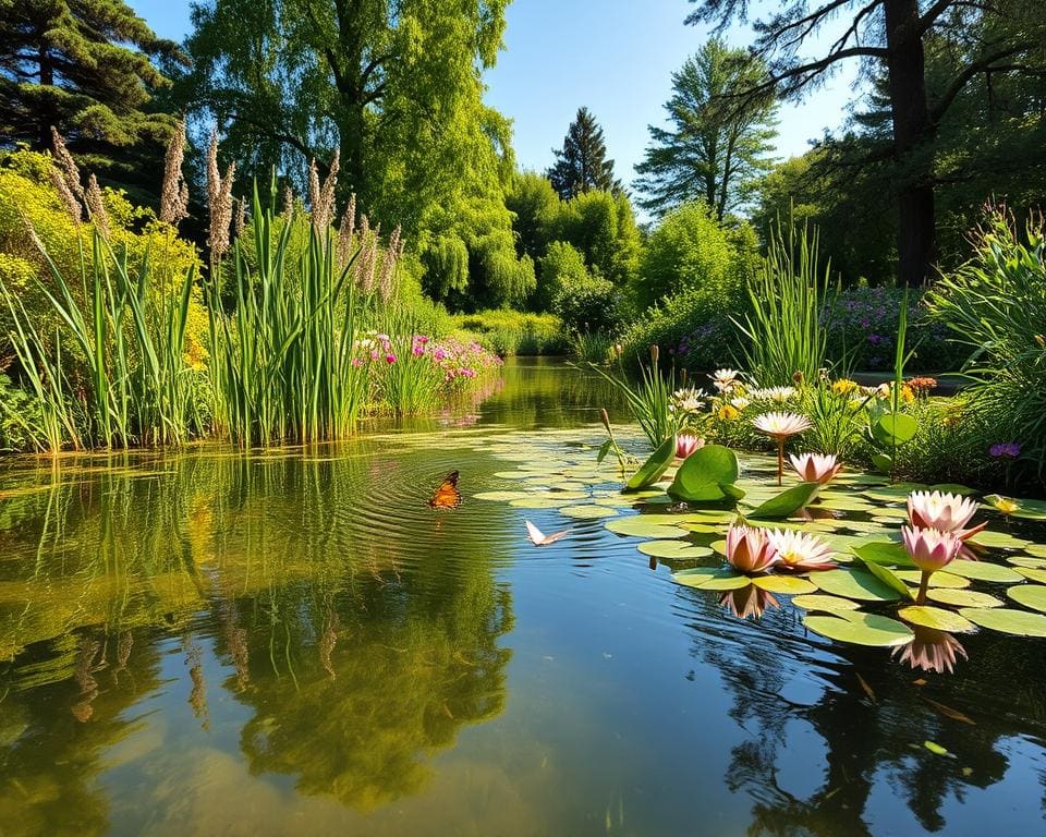 A serene and natural garden pond (Naturteich) nestled in a vibrant landscape, showcasing lush greenery and colorful wildflowers. In the foreground, gentle ripples form on the water's surface, reflecting the soft blue sky. The middle ground features a diverse array of native plants, including reeds and water lilies, enhancing the biodiversity. A few butterflies flutter above the blossoms, adding a touch of life. In the background, tall trees provide dappled sunlight, creating a peaceful and inviting atmosphere. The scene is bathed in warm, late afternoon light, emphasizing the tranquil mood. The perspective should evoke a sense of being immersed in nature, shot with a wide-angle lens to capture the expansive beauty of the setting. The image must be vibrant and soothing, devoid of any text or markings.