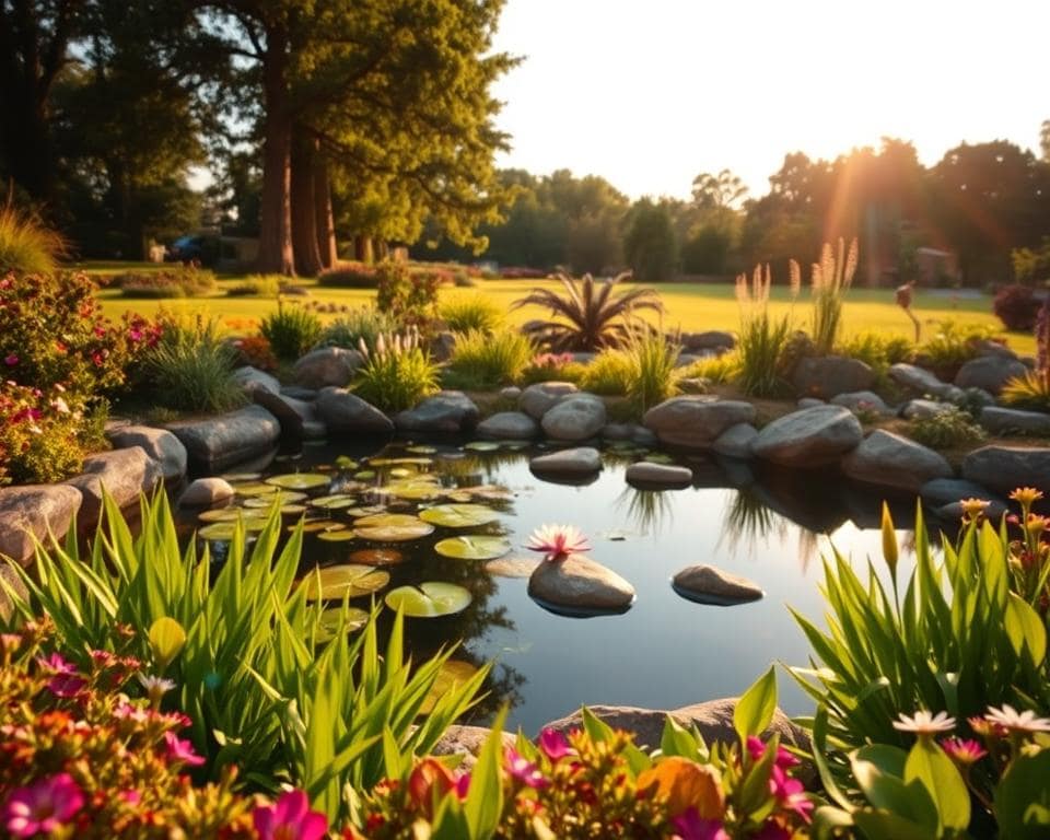 A serene garden landscape featuring a meticulously planned natural pond, set in a vibrant garden environment. In the foreground, lush greenery with various native plants and flowers, creating a colorful border around the pond. The middle ground showcases the pond itself, with crystal-clear water reflecting the sky and surrounded by natural stones and some aquatic plants like water lilies. In the background, tall trees provide shade and a sense of tranquility. The lighting is warm and golden, suggesting a late afternoon sun casting gentle reflections on the water's surface. The overall mood is peaceful and inviting, evoking a sense of harmony with nature, ideal for anyone looking to create their garden paradise.