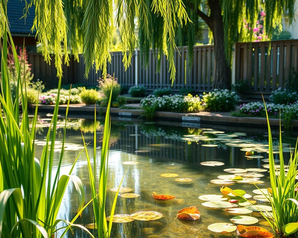 A serene, lush garden scene depicting a tranquil natural pond in a well-maintained backyard in Germany. In the foreground, incorporate native aquatic plants such as reeds and water lilies, gently swaying in the breeze. The middle section showcases clear, reflective water with the soft sunlight filtering through overhanging willow branches, casting playful shadows on the surface. In the background, a tasteful wooden fence and thriving flower beds add a touch of organization, symbolizing the careful planning of a garden paradise. The atmosphere is calm and inviting, with bright, natural daylight illuminating the scene, evoking a sense of peace and tranquility. The angle should be slightly elevated, capturing the harmony between the garden’s elements while ensuring no people, text, or distractions are present in the image.