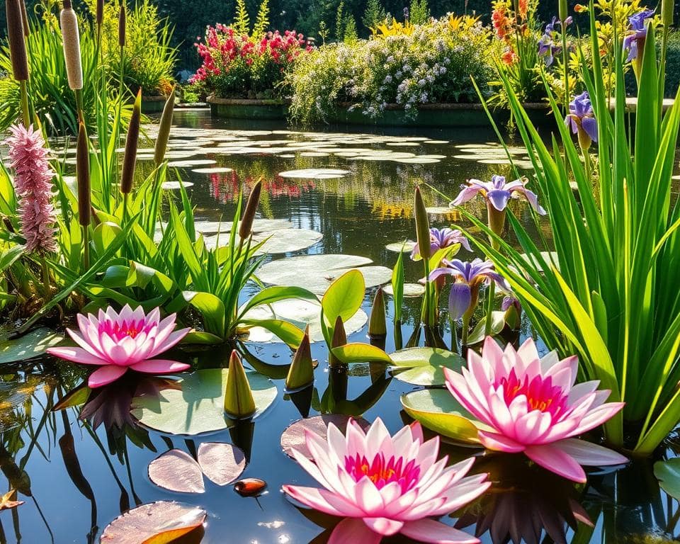 Lush aquatic plants thrive around a serene garden pond, showcasing a variety of "Teichpflanzen" in vibrant colors. In the foreground, delicate water lilies float gracefully on the surface, their petals a rich pink and white, reflecting in the crystal-clear water. Nearby, clusters of verdant cattails and irises rise, adding texture and depth to the scene. In the middle, the pond glimmers under soft, golden sunlight, casting gentle shadows and highlighting the diverse green hues of submerged foliage. The background features lush greenery and colorful garden flowers framing the pond, enhancing the tranquil atmosphere. Shot from a low angle, the image captures the essence of a peaceful garden ecosystem, inviting viewers to appreciate the beauty of thoughtfully selected pond plants.